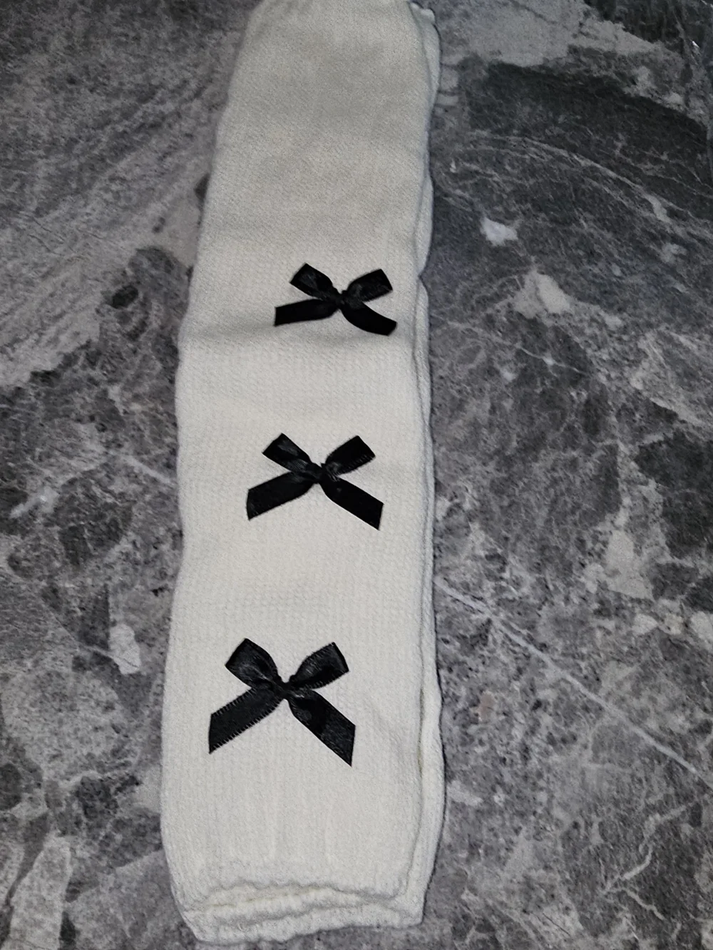 Women’s White Knit Arm Warmers with Black Bows